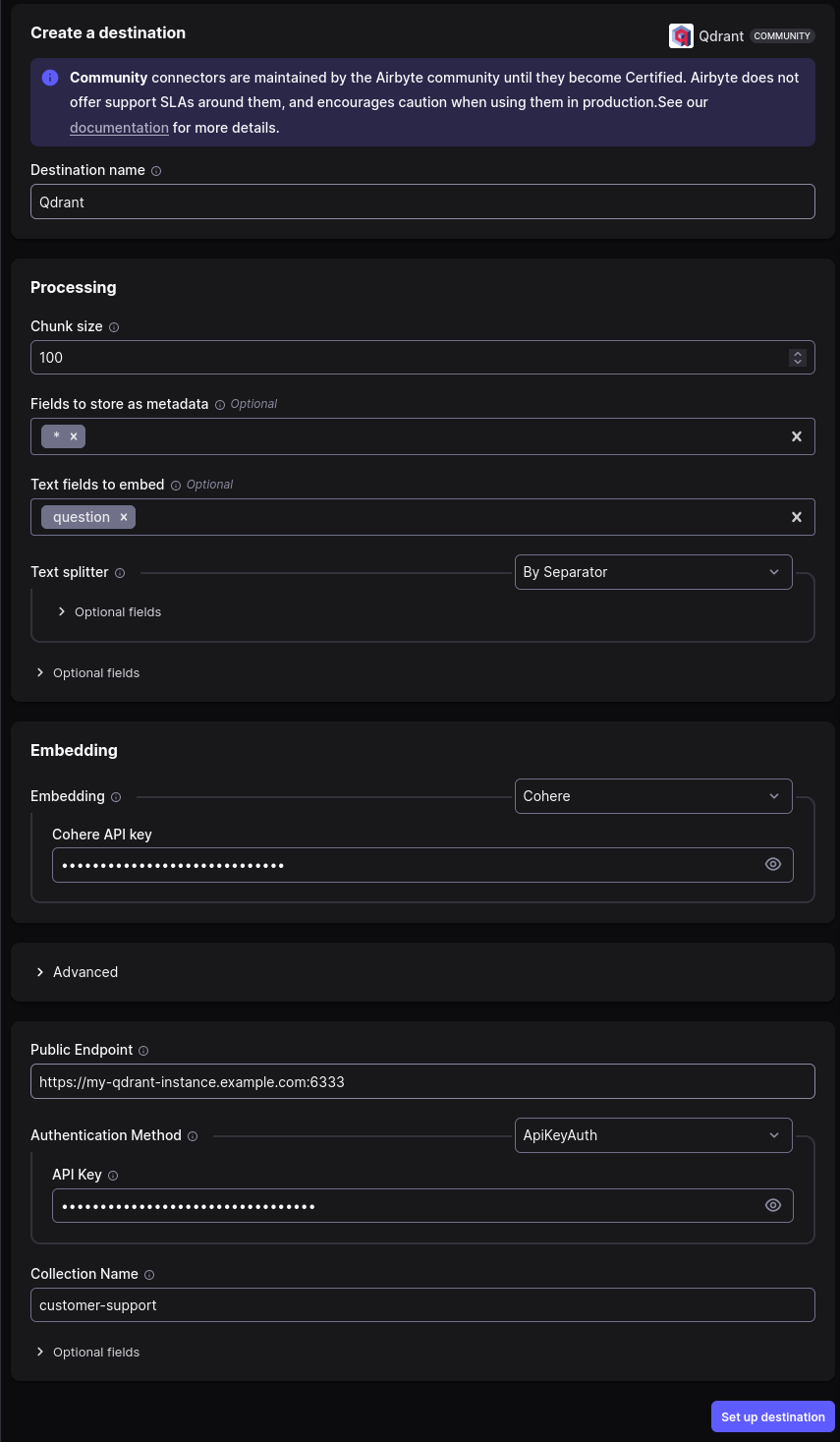 Airbyte destination configuration